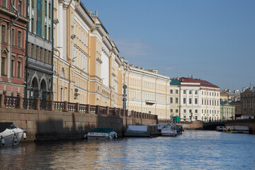 Fototapeta na wymiar Embankment of the Moika River, view from the water, St. Petersburg, Russia.
