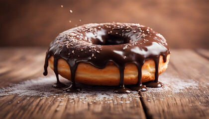 Closeup of Double chocolate Donut with suger falling on wooden background