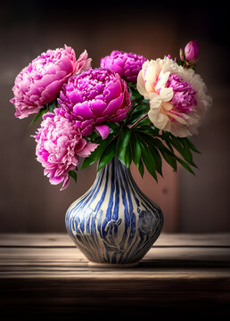 Composition of pink and wihte peonies in a glazed ceramic vase, on a shabby wooden table on a blurred shabby background.