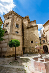 Low angle street view, Andalusian architecture. Spain, Andalusia, travel photograph, warm sunny day