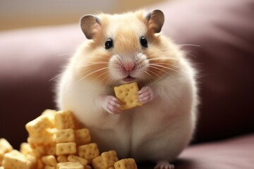 cute hamster inside eating crackers on the sofa