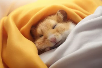 Tuinposter cute hamster sleeping in a blanket inside © Nataliia