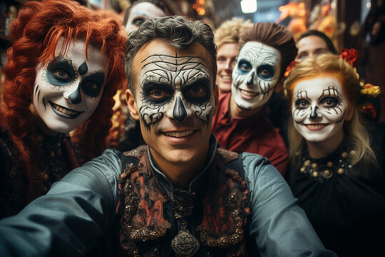 Group of happy smiling adult people with scary ghost face paint makeup and Halloween costumes take selfie on Friday 13, having fun on Day of the Dead, Dia de los muertos, 31 of October carnival