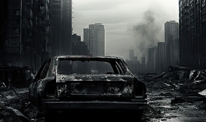 Burnt-out police car in an a city street backdrop.