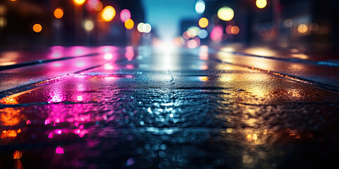 Obraz premium Wet asphalt with neon light.