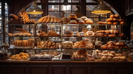 Gordijnen Artisanal bakery displaying pastries and breads in glass showcases © Matthias