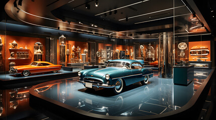 Automotive showroom with iconic car brand models in glass showcases - obrazy, fototapety, plakaty