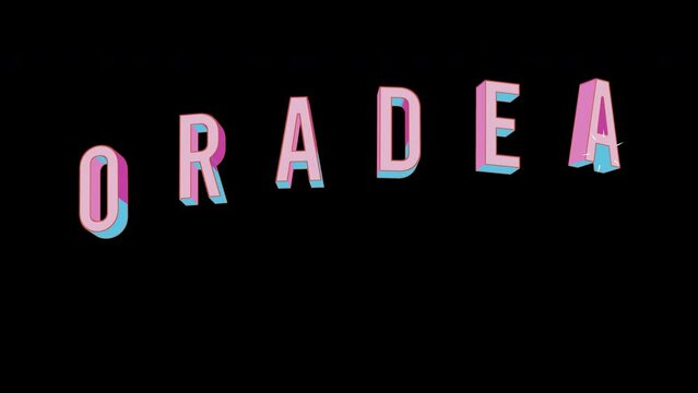 Bright letters jump merrily in the inscription ORADEA city. Retro. Alpha channel black. Looped from frame 120 to 240, Alpha BW at the end
