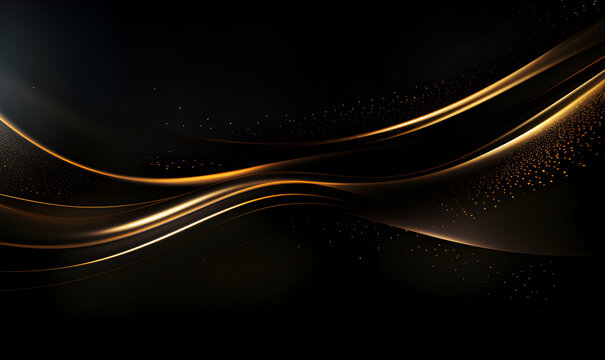 Luxury black background with golden line elements and light ray effect decoration and bokeh.