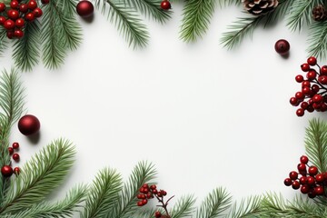 Fototapeta na wymiar Christmas frame with fir branches and ornaments, in the style of white background. Generative AI.