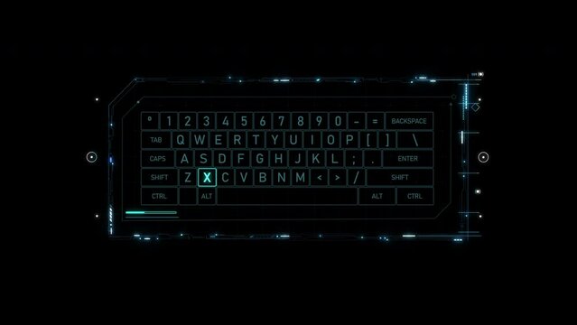 Virtual Bright Cyan Keyboard Template. Animation of Generic Computer Keypad. Several Letter Keys Shinning on Black Background.
