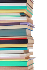 Stack of different colorful books. Copy space. Isolated on white