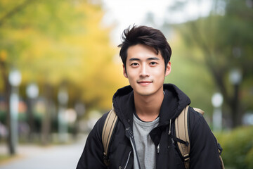 Generative AI image of young asian handsome man with backpack walking park in the city