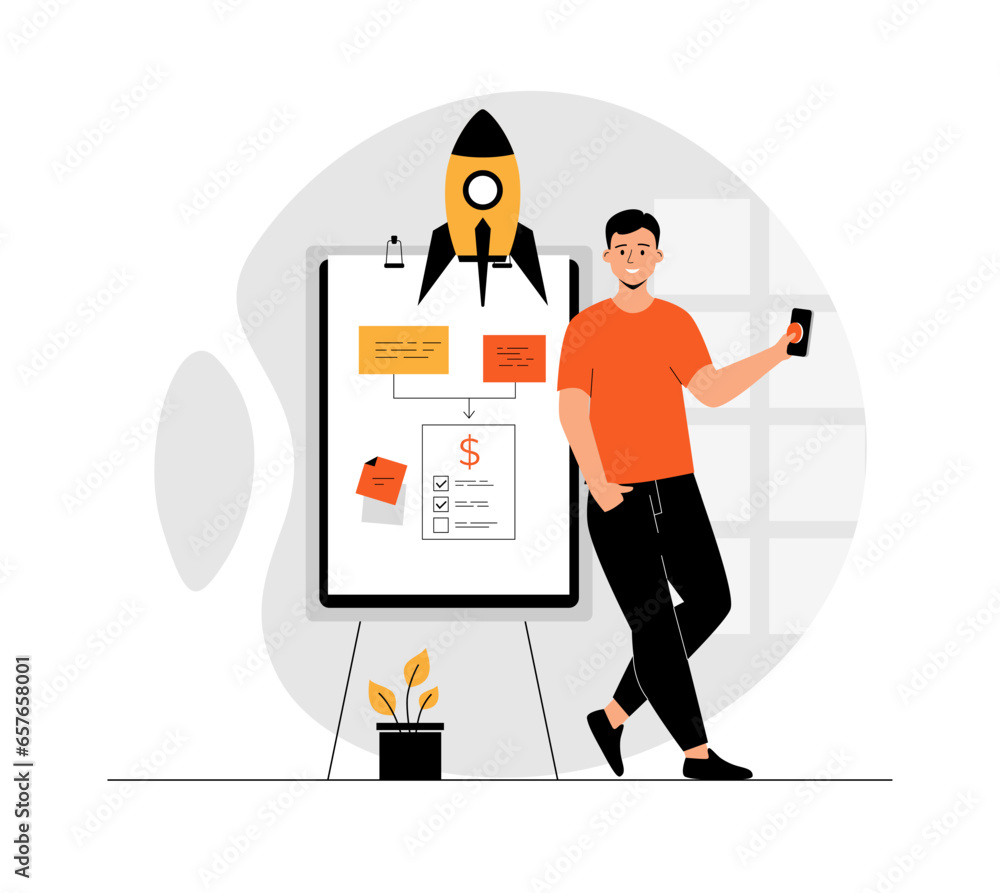 Poster startup business concept. man creating business plan, develops idea, creates new successful project 