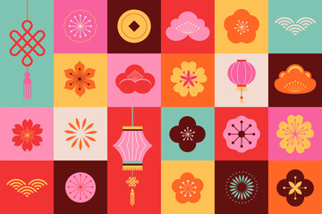 Fototapeta na wymiar Lunar new year background, banner, pattern. Chinese New Year 2024, Geometric modern style