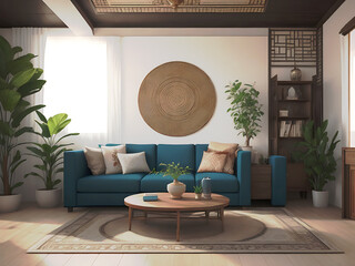 Home mockup, living room in Japandi style, 3d render