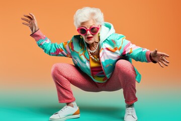 funny old lady doing gymnastics or dancing on colored background - obrazy, fototapety, plakaty