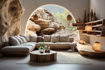 The rustic living room interior combines elegant and modern design with warm afternoon sun.