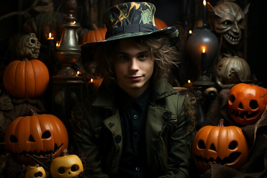 Generative AI concept picture of fantasy male person teen boy celebrate halloween carnival