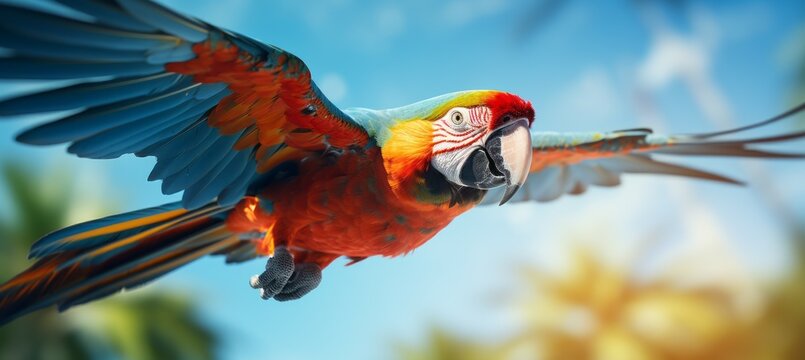Flying macar parrot. Generative AI technology.
