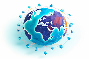 Blue and orange globe with network of small blue dots.