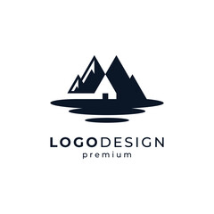 home with mountain and lake for holiday and camp logo design	