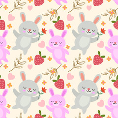 Cute bunny with strawberry  and pink heart shape seamless pattern. Can be used for fabric textile wallpaper gift wrap paper.