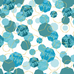 geometric abstract seamless pattern with gold outlines and blue watercolor oktagon