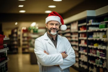 Foto op Canvas Smiling male professional pharmacist with red Christmas hat with arms crossed in white standing in pharmacy shop or drugstore with medicines shelf. Health care celebrating New Year holiday concept © Valeriia