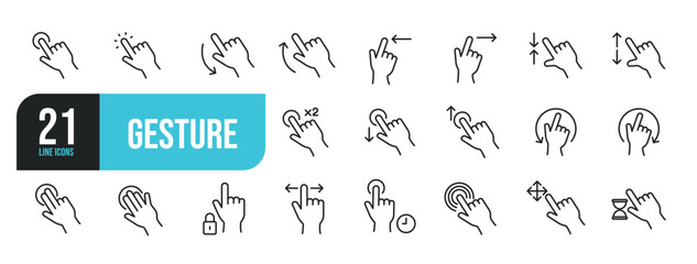 Set of line icons related to gesture, zoom, move, tap, click. Outline icons collection. Editable stroke. Vector illustration. - obrazy, fototapety, plakaty