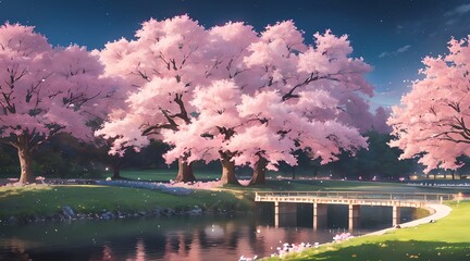 アニメ背景_日本の夜桜_01