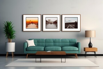 The living room interior of a colorful modern sofa with cement wall art drops.