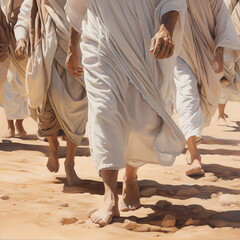 Closeup of Jesus's feet walking with his disciples in New Testament Israel - obrazy, fototapety, plakaty