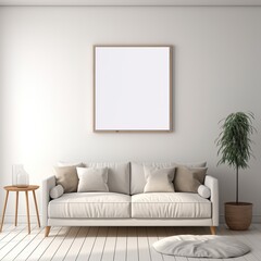 The minimal living room interior of a white sofa with a blank artwork-framed poster.