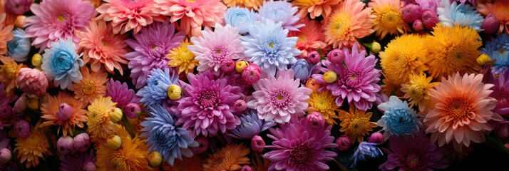 Fototapeta na wymiar Sunny garden with vibrant autumn chrysanthemums, banner