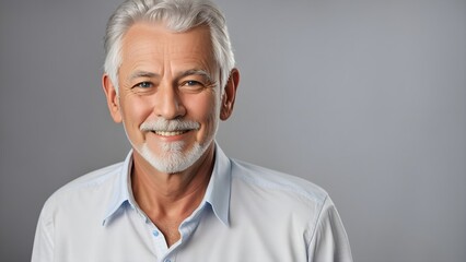 Smiling senior handsome man with gray hair and white teeth. Portrait of older man on a gray background. - obrazy, fototapety, plakaty