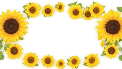 Sunflowers border with empty white space. Isolated sunflowers frame with copy space.