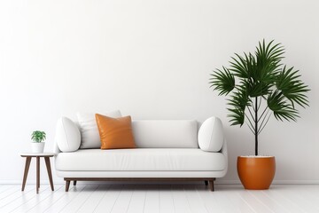 The living room interior of a white minimal sofa against a clean and simple white backdrop.