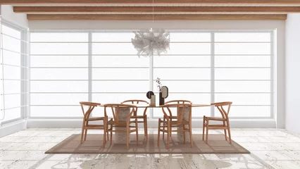 Foto op Plexiglas Minimal modern wooden dining room with table and chairs in white and beige tones. Limestone marble floor and beams ceiling. Elegant interior design © ArchiVIZ
