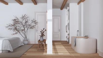 Fotobehang Minimalist nordic wooden bedroom and bathroom in white and beige tones. Bed, bathtub and walk-in closet. Parquet and beams ceiling. Scandinavian interior design © ArchiVIZ