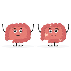 Cute unhappy sad unhealthy sick intestine character. Intestine disease organ mascot