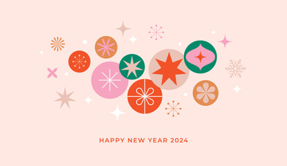 Christmas background in modern minimalist geometric style. Colorful illustration in flat cartoon style. Christmas decorations with geometrical patterns, stars and abstract elements