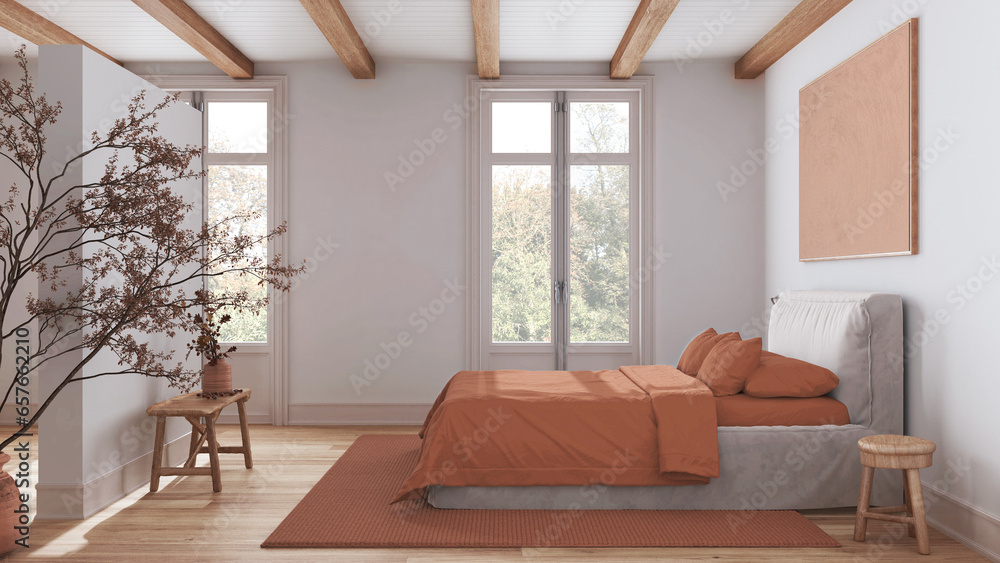 Wall mural scandinavian nordic wooden bedroom in white and orange tones. double bed with duvet and decors. beam