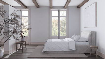 Scandinavian nordic dark wooden bedroom in white and beige tones. Double bed with duvet and decors. Beams ceiling and parquet floor. Japandi interior design