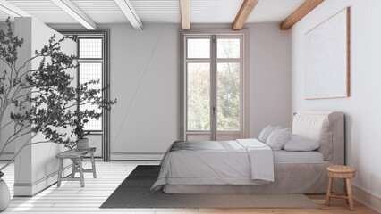 Architect interior designer concept: hand-drawn draft unfinished project that becomes real, scandinavian nordic wooden bedroom. Double bed with duvet and decors. Japandi style
