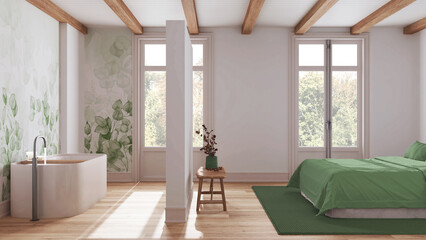 Minimalist nordic wooden spa suite in white and green tones. Bedroom and bathroom with bathtub. Parquet and beams ceiling. Scandinavian interior design