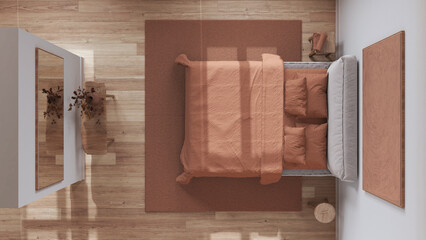 Scandinavian nordic wooden bedroom in white and orange tones. Double bed, carpet and decors. Parquet floor. Top view, plan, above. Minimal interior design