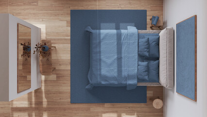 Scandinavian nordic wooden bedroom in white and blue tones. Double bed, carpet and decors. Parquet floor. Top view, plan, above. Minimal interior design