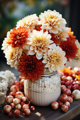 Obraz na płótnie Canvas Dahlia flowers bouquet with nuts in autumn color 