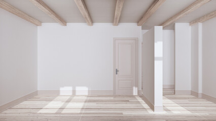 Bleached wooden empty room interior design, open space with parquet floor, beams ceiling and white walls, modern contemporary architecture concept idea